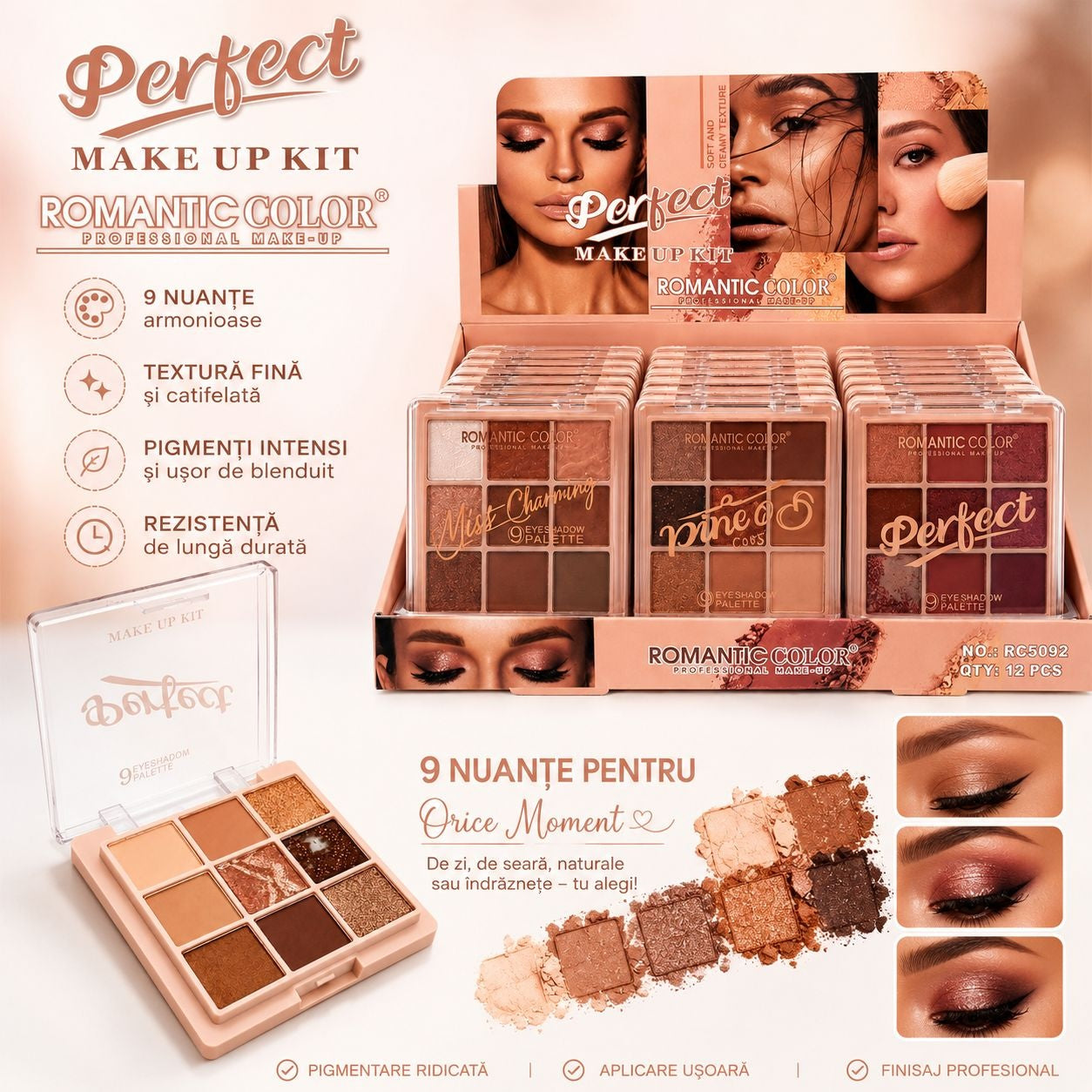 Set 12 Palete Farduri de Pleoape Romantic Color Perfect Make Up Kit – 9 Nuanțe Mate și Sidefate