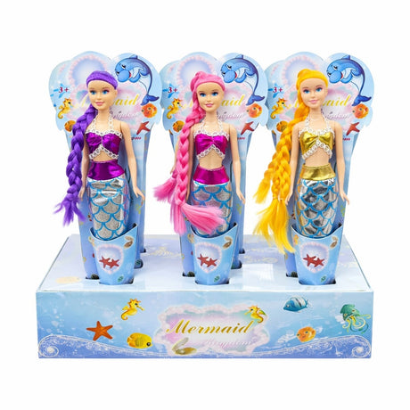 Set 12 papusi sirena 34 cm, papusi copii Mermaid cu par lung colorat