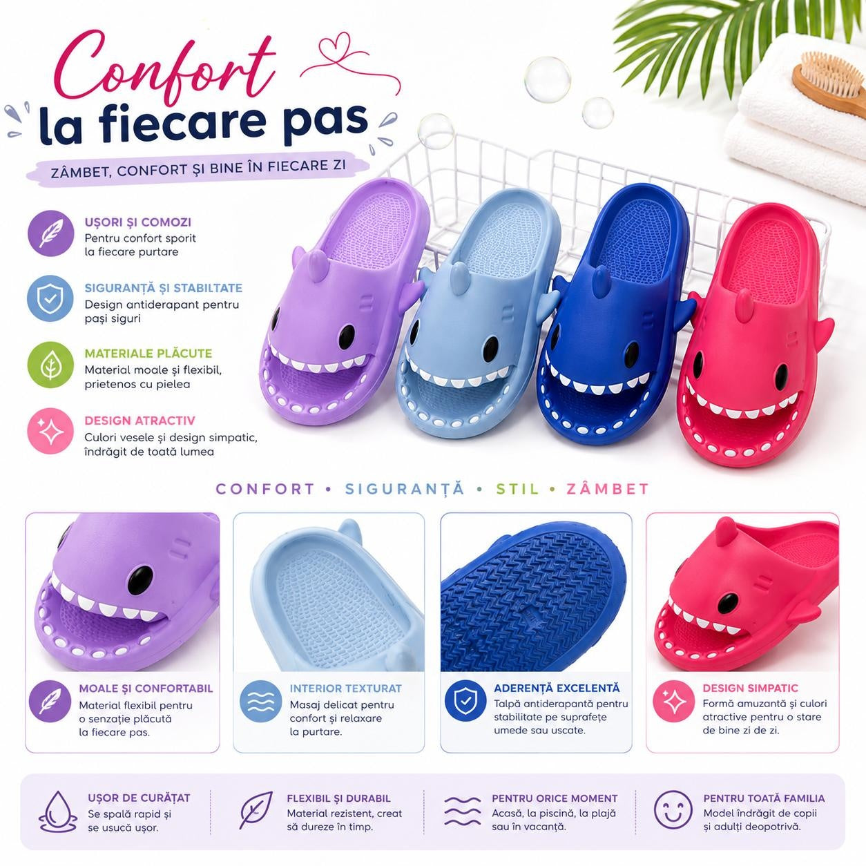 Set 12 Perechi Papuci Copii Rechin, Mix Culori, Marimi 30-35 Confortabili, Antiderapanți și Flexibili