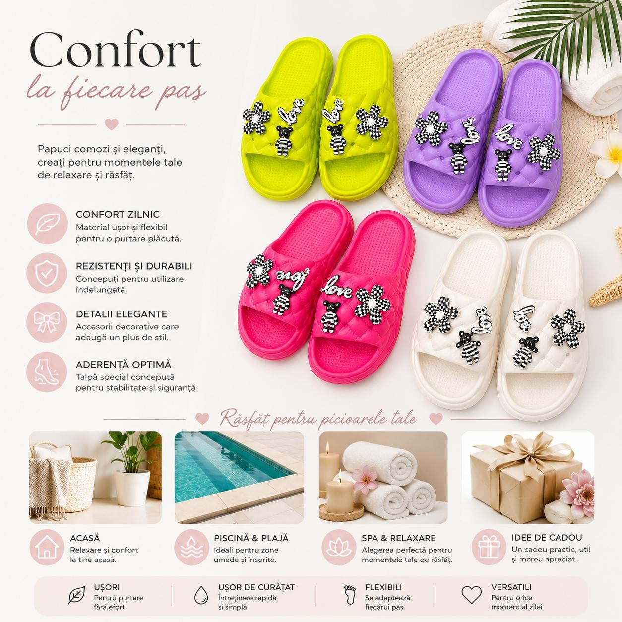 Set 12 Perechi Papuci Damă cu Aplicații Decorative Love & Floare, Mix Culori