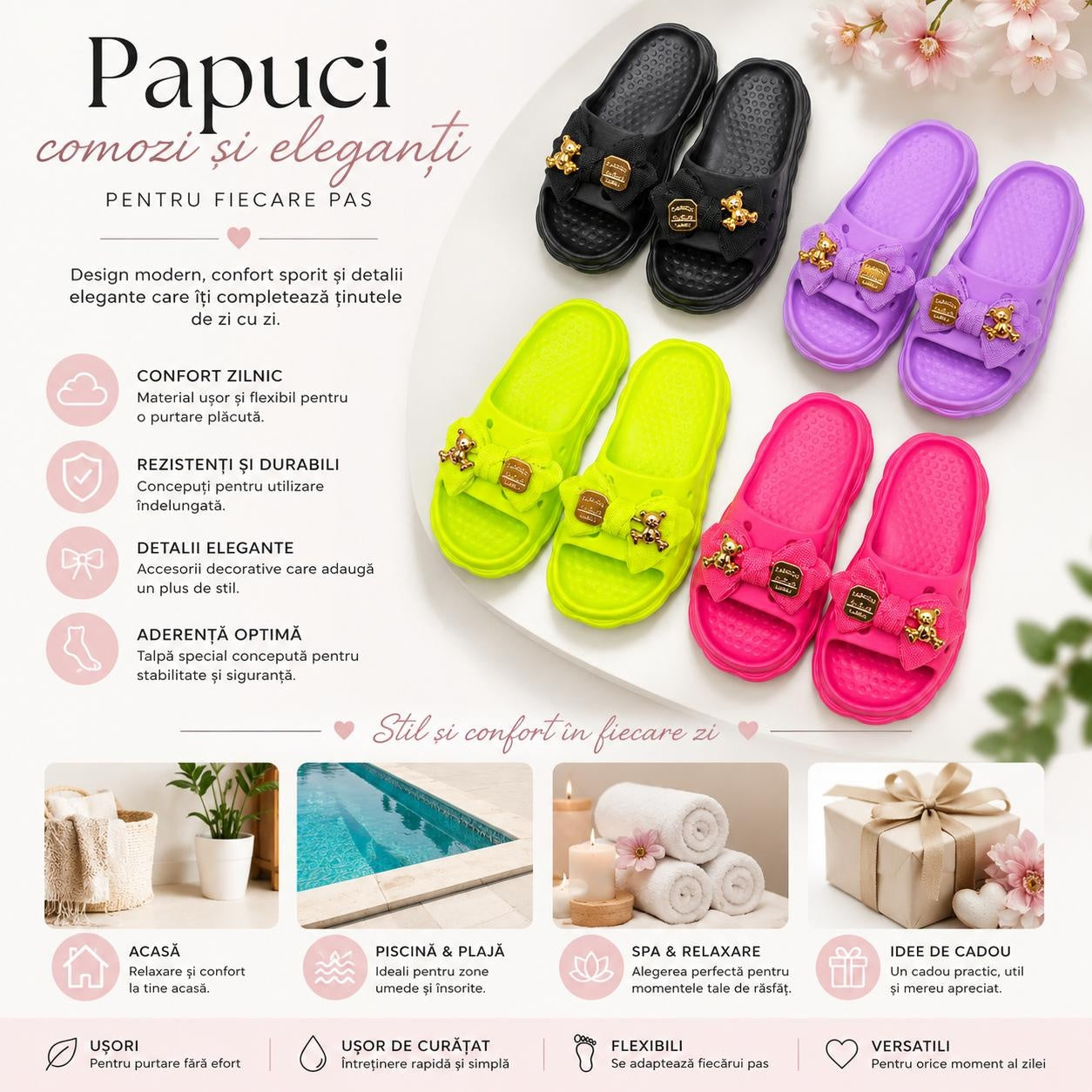 Set 12 Perechi Papuci Damă cu Fundă Decorativă și Ursuleț, Mix Culori, Mărimi 36-41