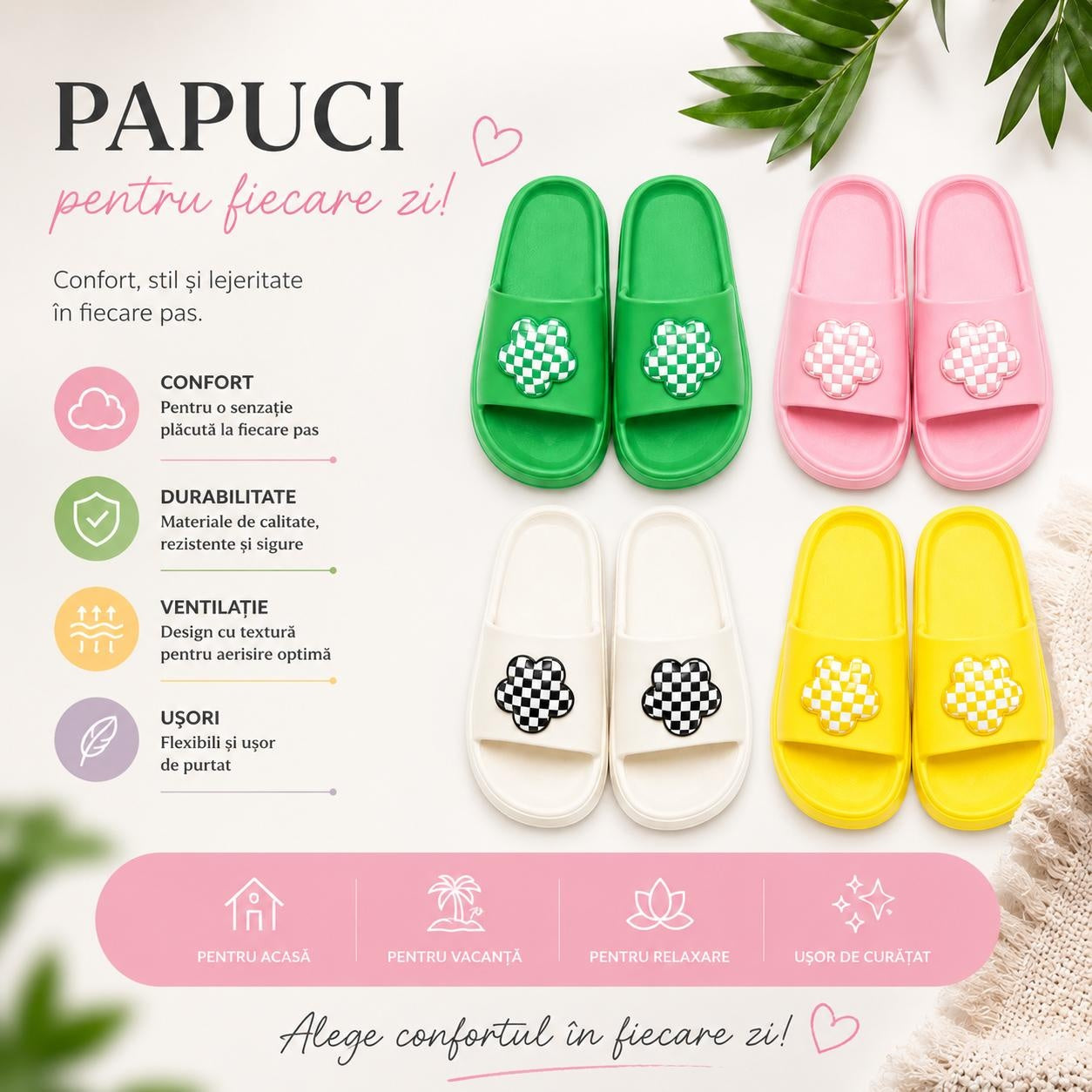 Set 12 Perechi Papuci Damă cu Model Floral Carouri, Mix Culori, Mărimi 36-41