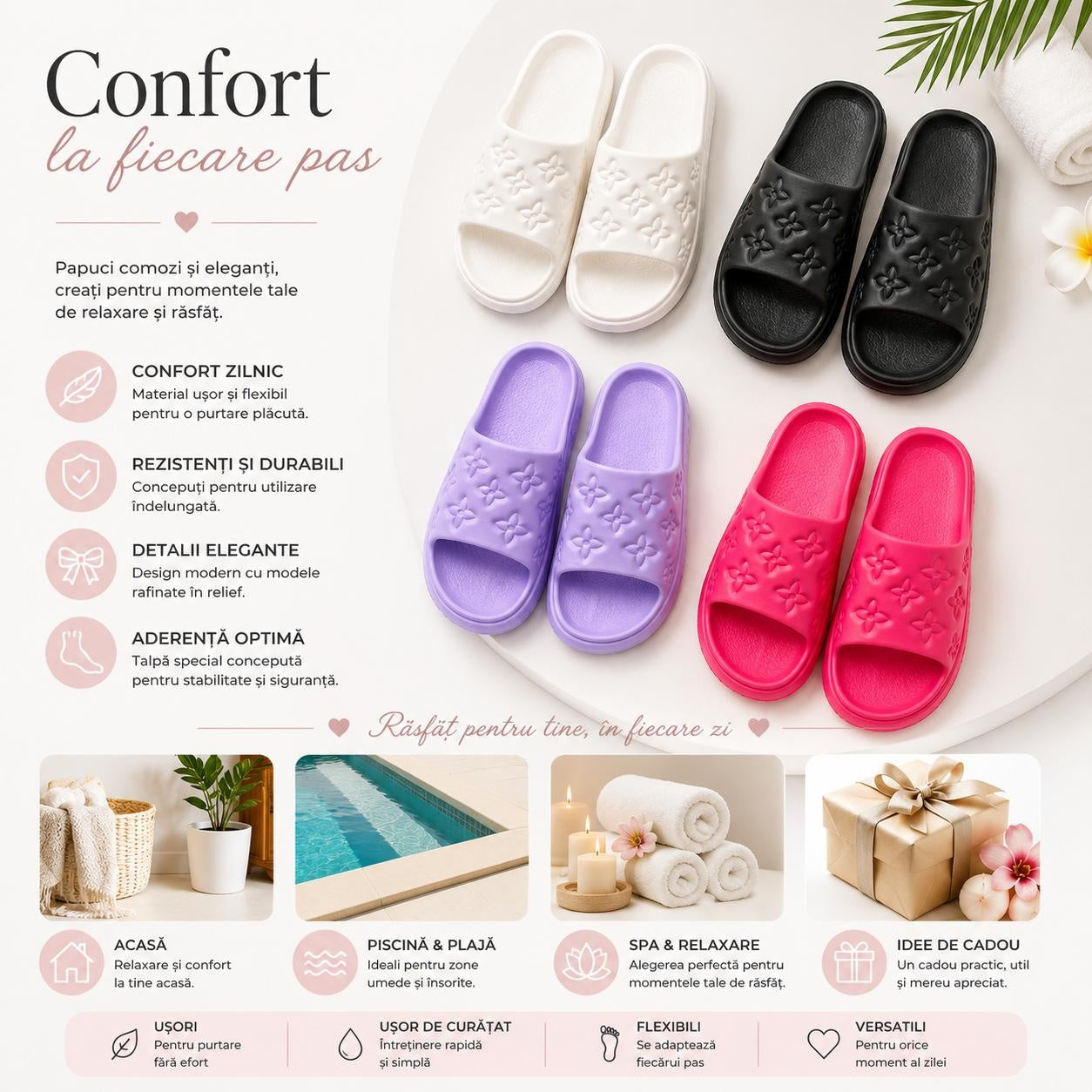 Set 12 Perechi Papuci Damă cu Model Floral Embosat, Mix Culori, Mărimi 36-41