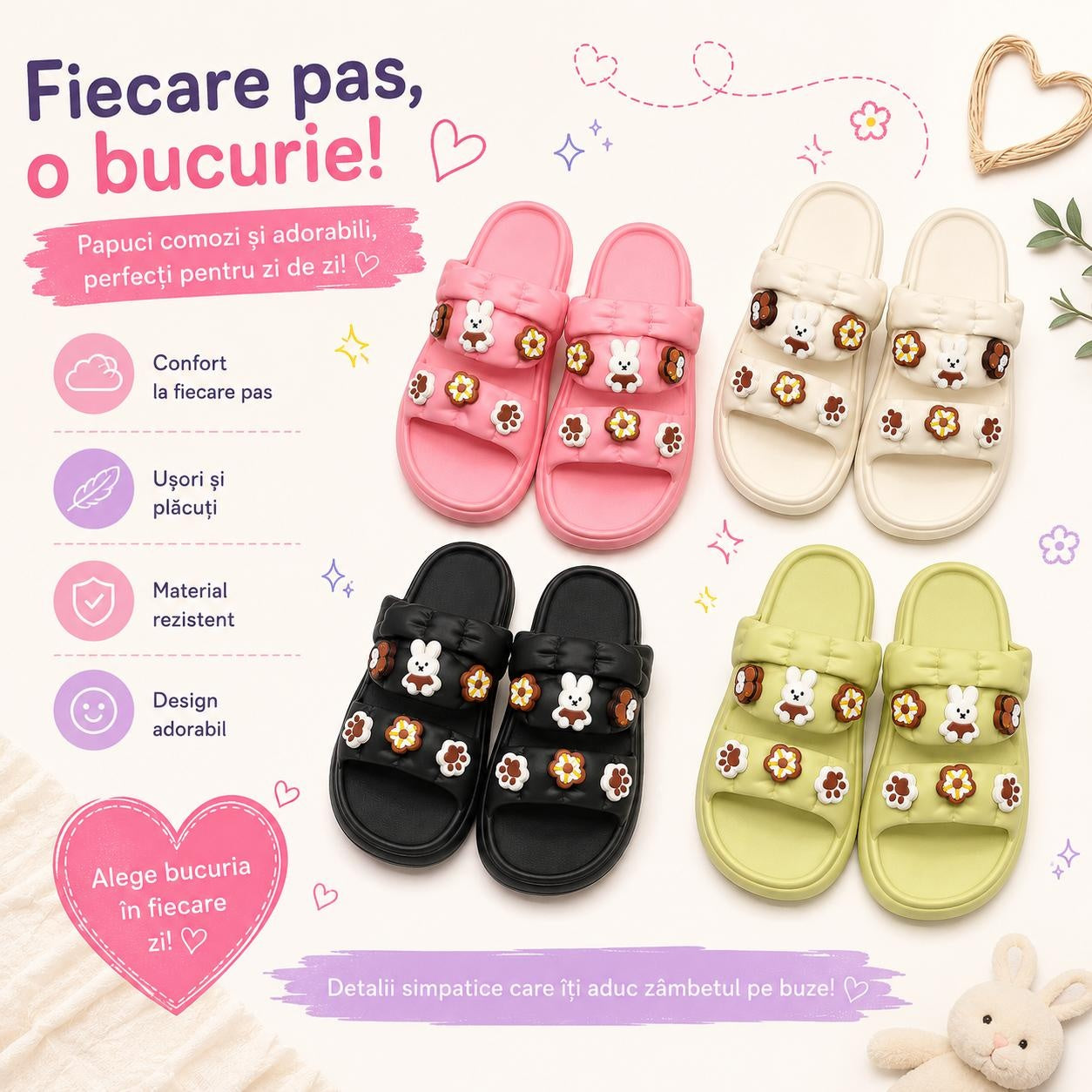 Set 12 Perechi Papuci Damă cu Model Iepuraș și Flori Decorative, Mix Culori, Mărimi 36-41