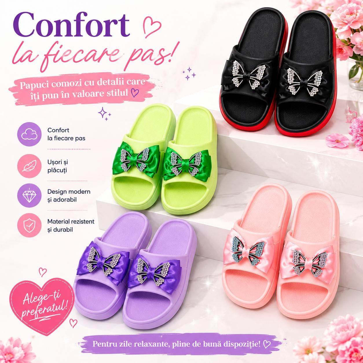 Set 12 Perechi Papuci Damă cu Talpă Înaltă și Fundă Decorativă cu Fluture, Mix Culori, Mărimi 36-41