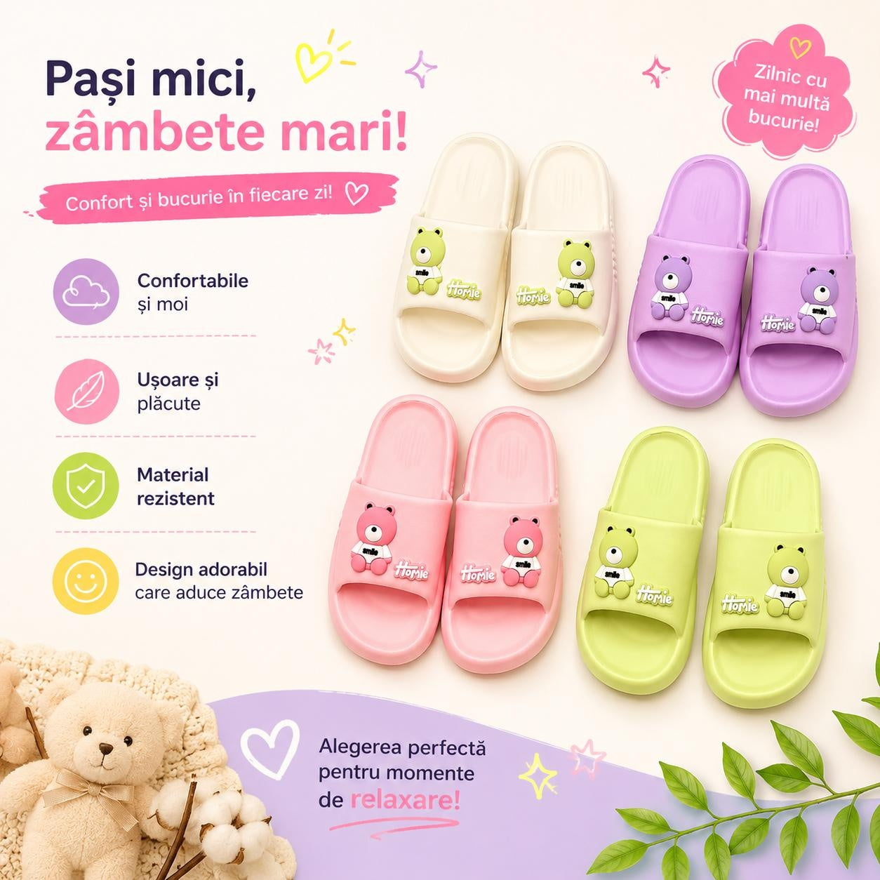 Set 12 Perechi Papuci Damă cu Ursuleț Decorativ, Mix Culori, Mărimi 36-41