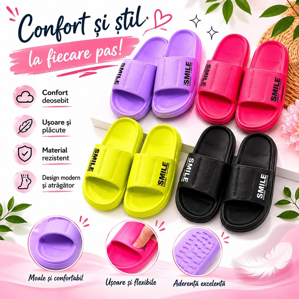 Set 12 Perechi Papuci Damă Smile, Mix Culori Neon, Mărimi 36-41