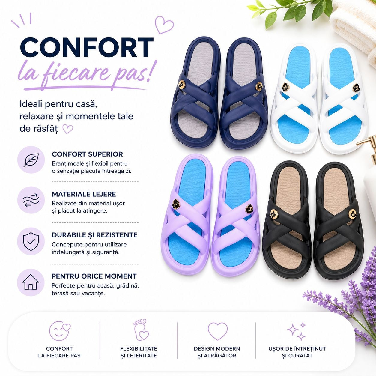 Set 12 Perechi Papuci Femei Confortabili, Mix Culori, Mărimi 36-41, Design Modern