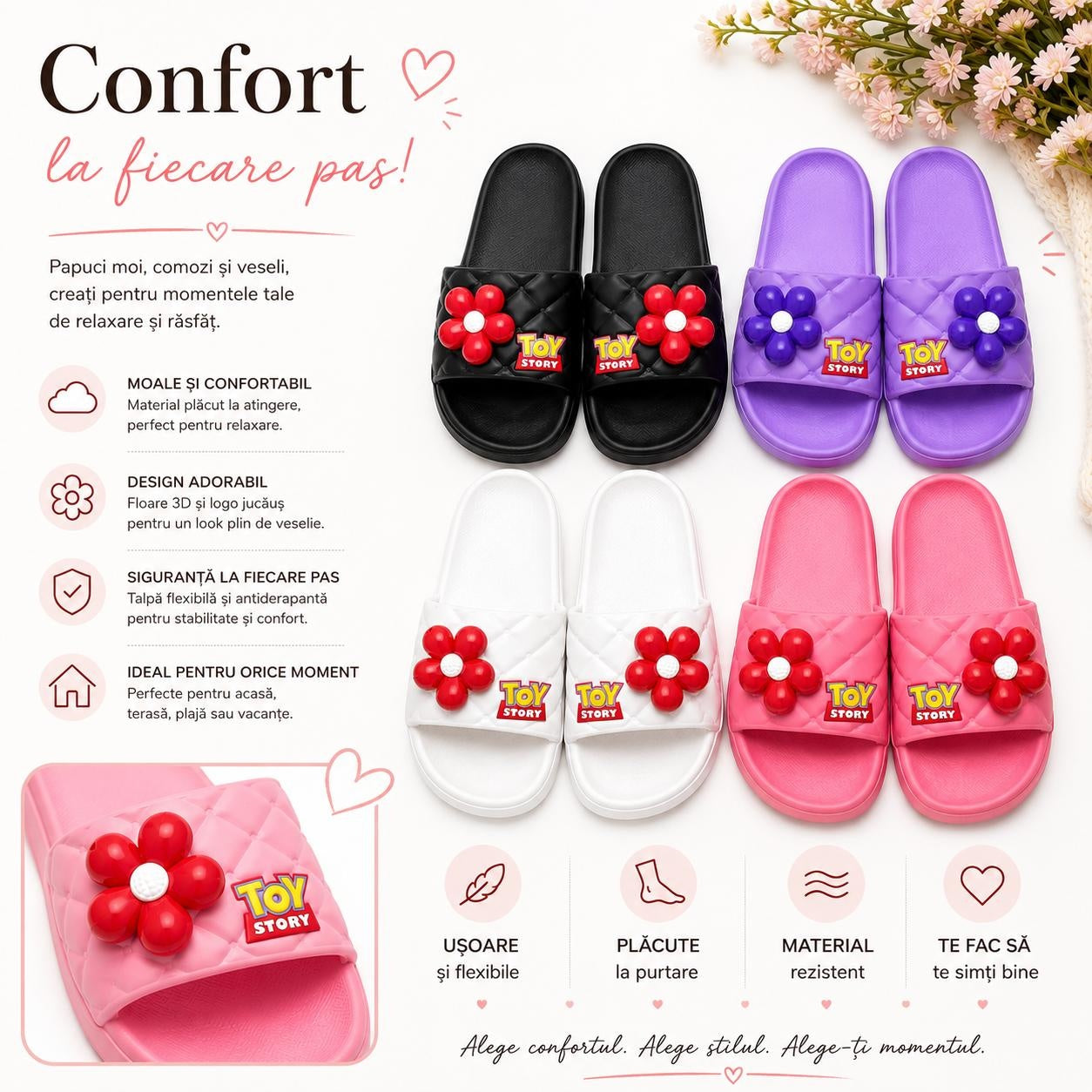 Set 12 Perechi Papuci Femei cu Floare 3D, Mix Culori, Mărimi 36-41