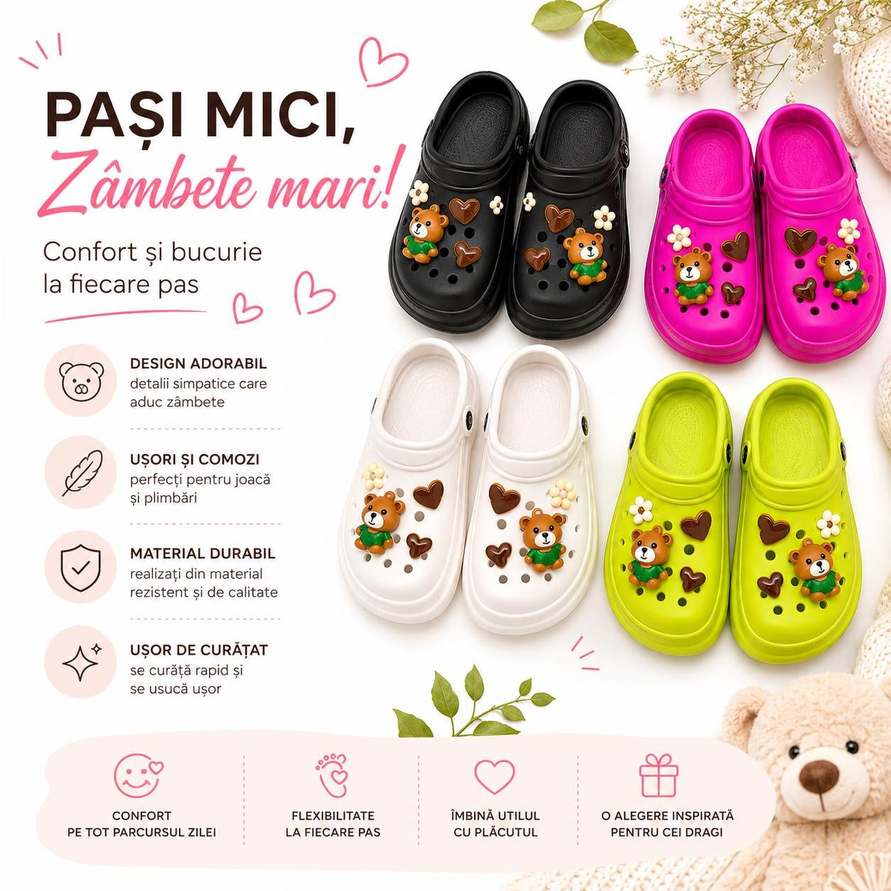 Set 12 Perechi Papuci Femei cu Ursuleț Decorativ, Mix Culori, Mărimi 36-41