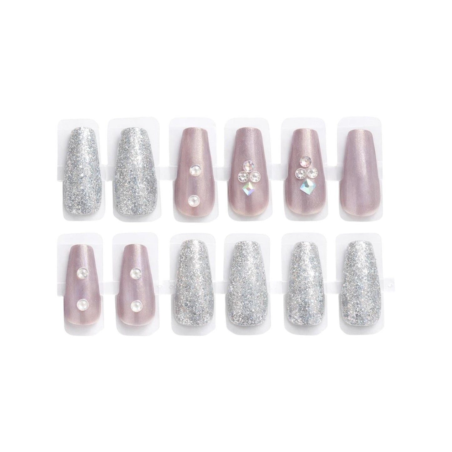 Set 12 perechi unghii false Press-On cu glitter si cristale decorative