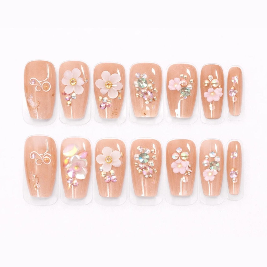 Set 12 perechi unghii false tip Press-On cu decor flori si cristale
