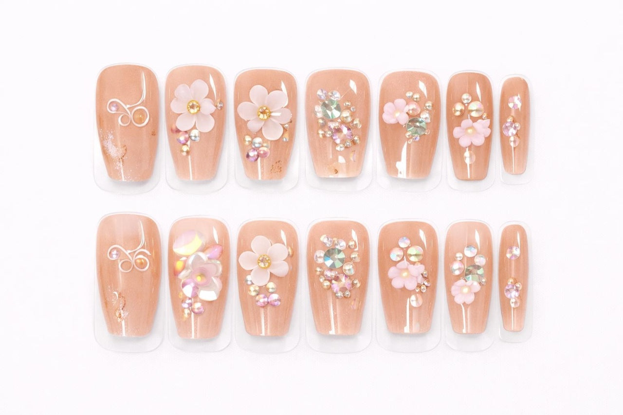 Set 12 perechi unghii false tip Press-On cu decor flori si cristale