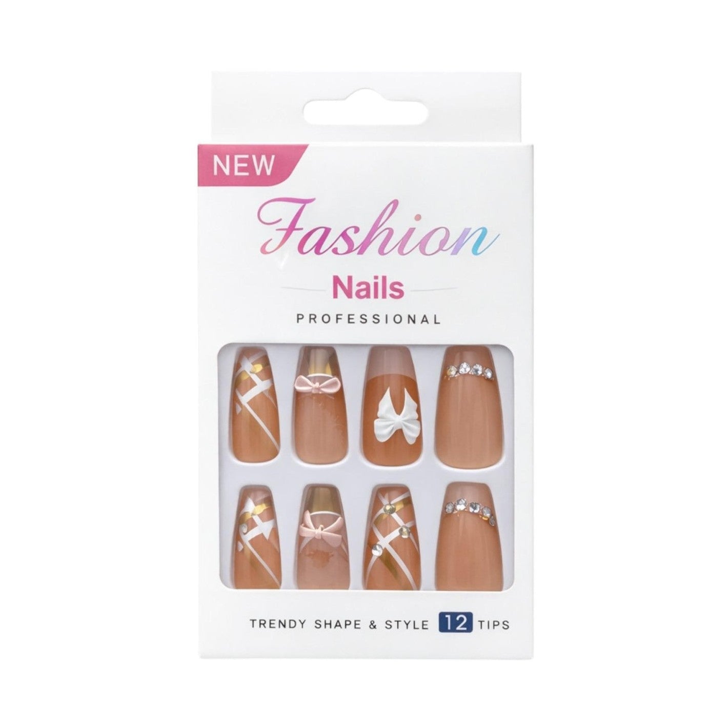 Set 12 perechi unghii false tip Press-On cu decor fundita si cristale