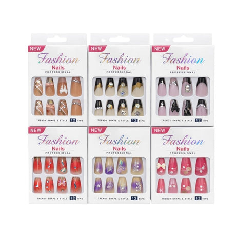 Set 12 perechi unghii false tip Press-On cu decor fundita si cristale