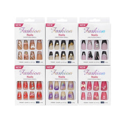 Set 12 perechi unghii false tip Press-On cu decor fundita si cristale