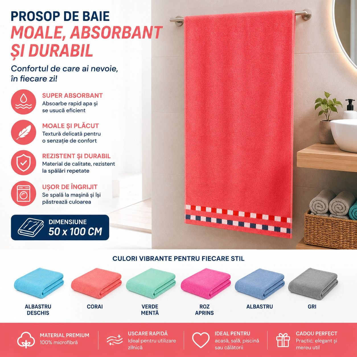 Set 12 Prosoape de Baie 50x100 cm din Microfibră, Multicolore, Moi și Super Absorbante,