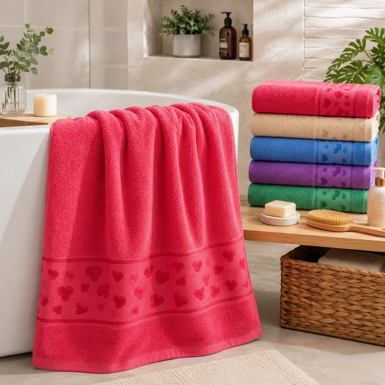 Set 12 Prosoape de Baie 70x140 cm – Prosoape cu Model Inimi, 6 Culori Elegante, Moi și Absorbante