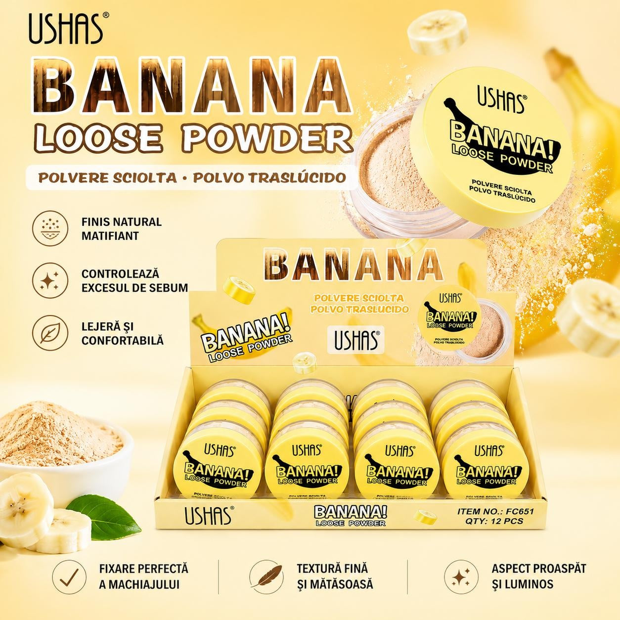 Set 12 Pudră Liberă Matifiantă Banana USHAS – Fixare Machiaj și Controlul Sebumului
