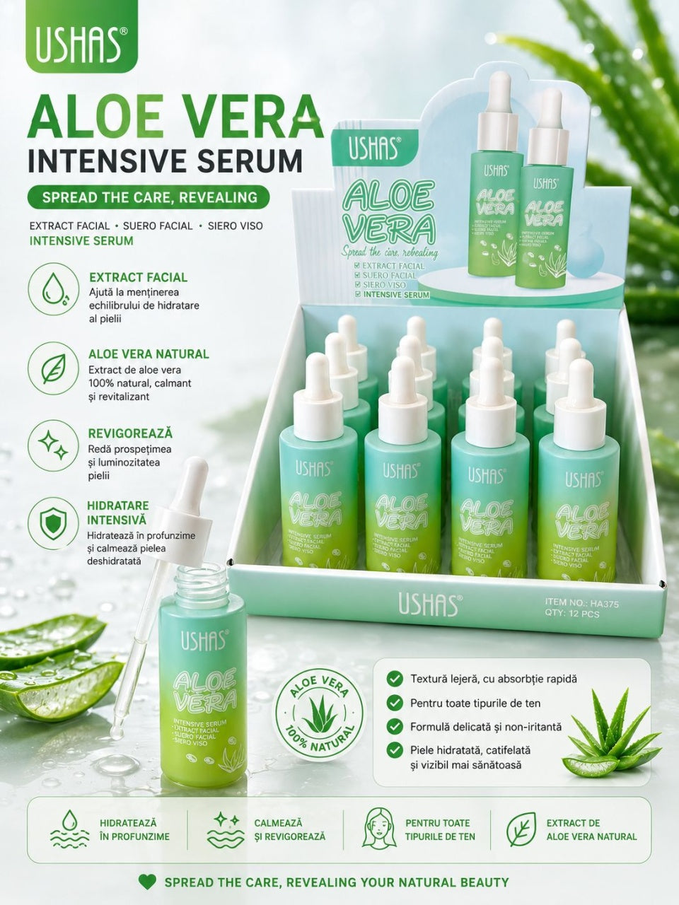 Set 12 Seruri Faciale cu Aloe Vera USHAS – Hidratare Intensivă, Calmarea și Revitalizarea Tenului