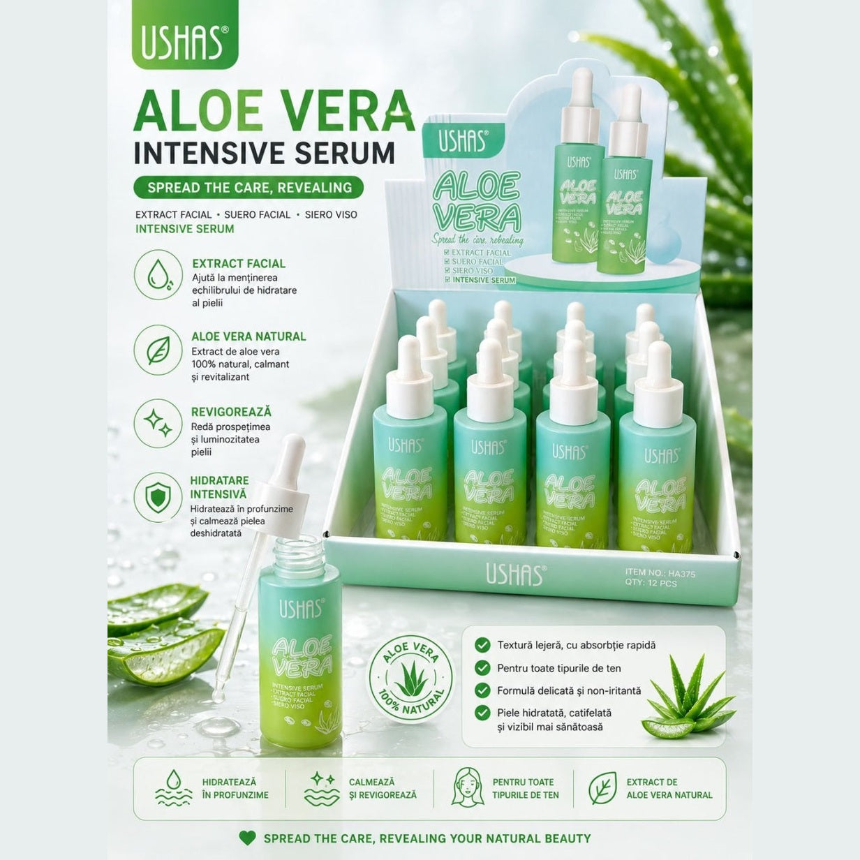 Set 12 Seruri Faciale cu Aloe Vera USHAS – Hidratare Intensivă, Calmarea și Revitalizarea Tenului