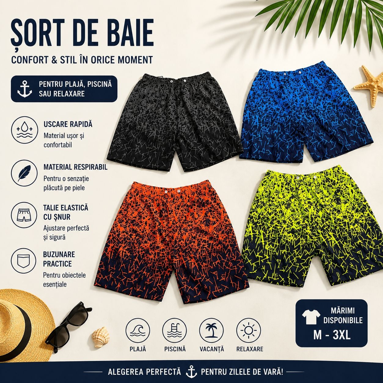 Set 12 Sorturi de Baie Bărbați – Culori și Mărimi Diferite, Uscare Rapidă, Model Modern