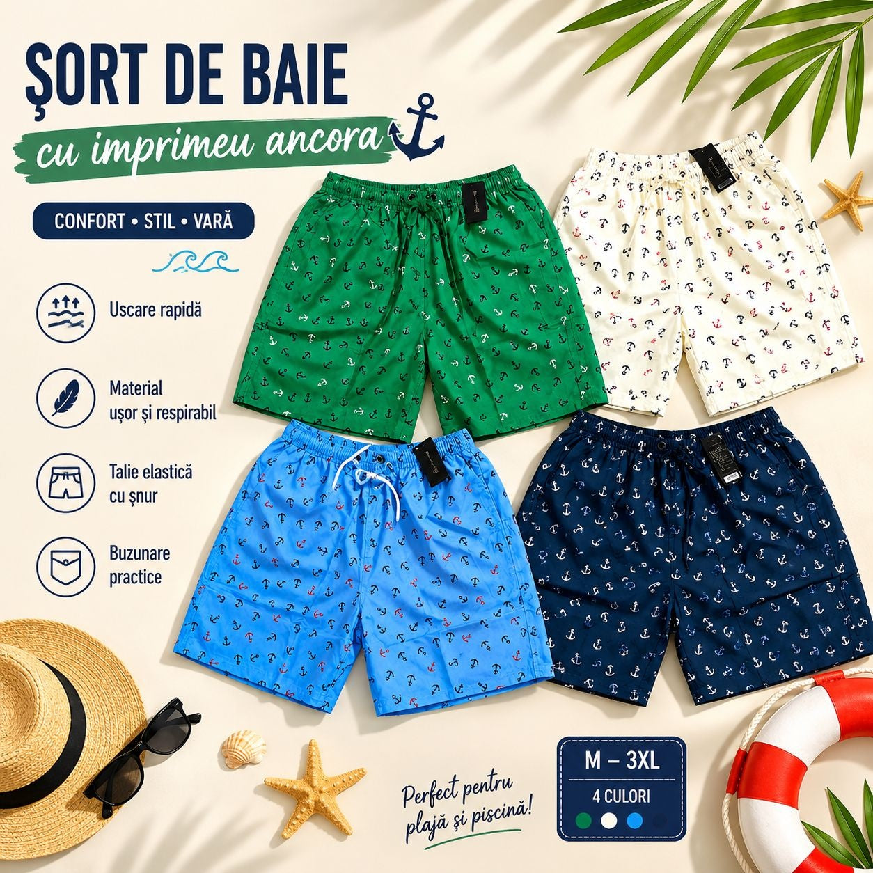 Set 12 Sorturi de Baie Bărbați cu Imprimeu Ancoră – Culori Asortate, Uscare Rapidă