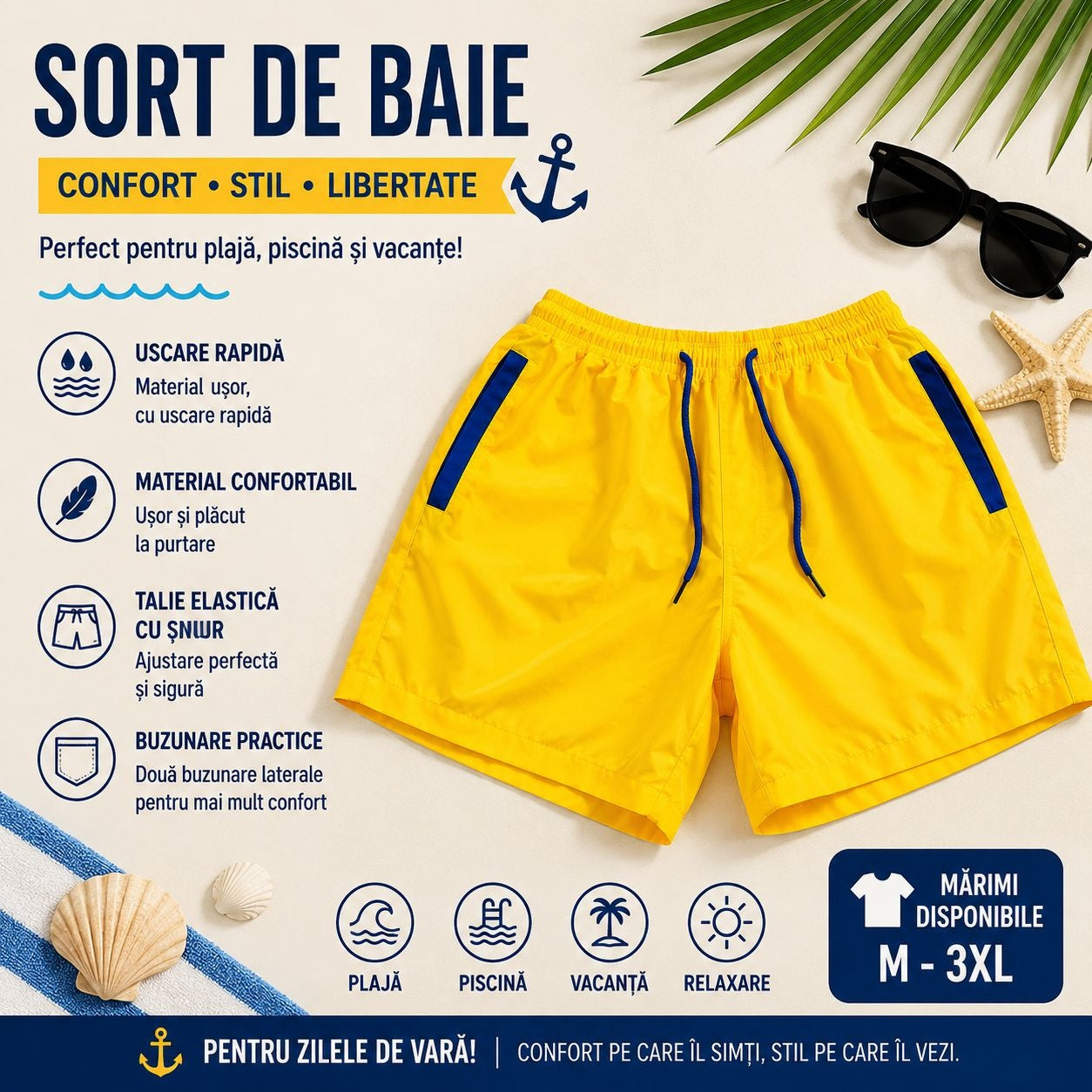 Set 12 Sorturi de Baie Bărbați Galbene – Uscare Rapidă, Talie Elastică, Mărimi Diferite în Set
