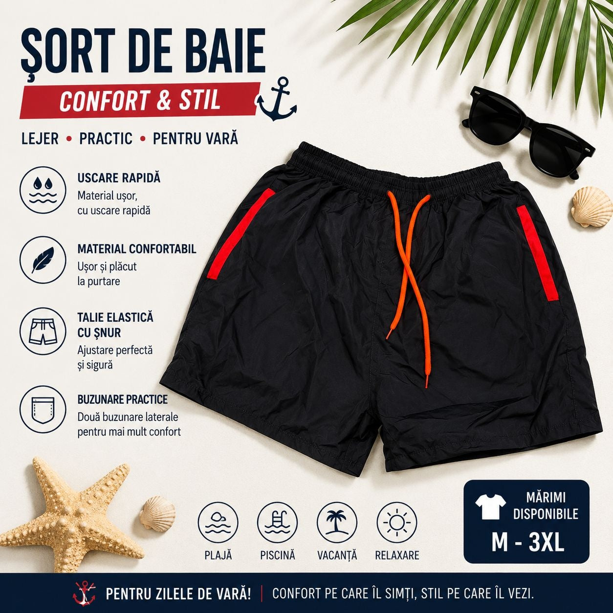 Set 12 Sorturi de Baie Bărbați Negre – Uscare Rapidă, Talie Elastică, Mărimi Diferite în Set