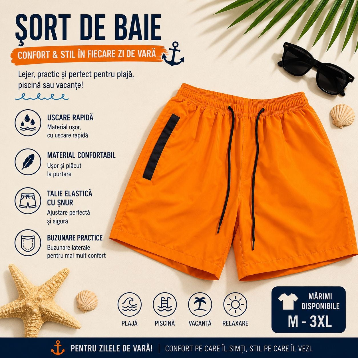 Set 12 Sorturi de Baie Bărbați, Portocalii – Uscare Rapidă, Talie Elastică