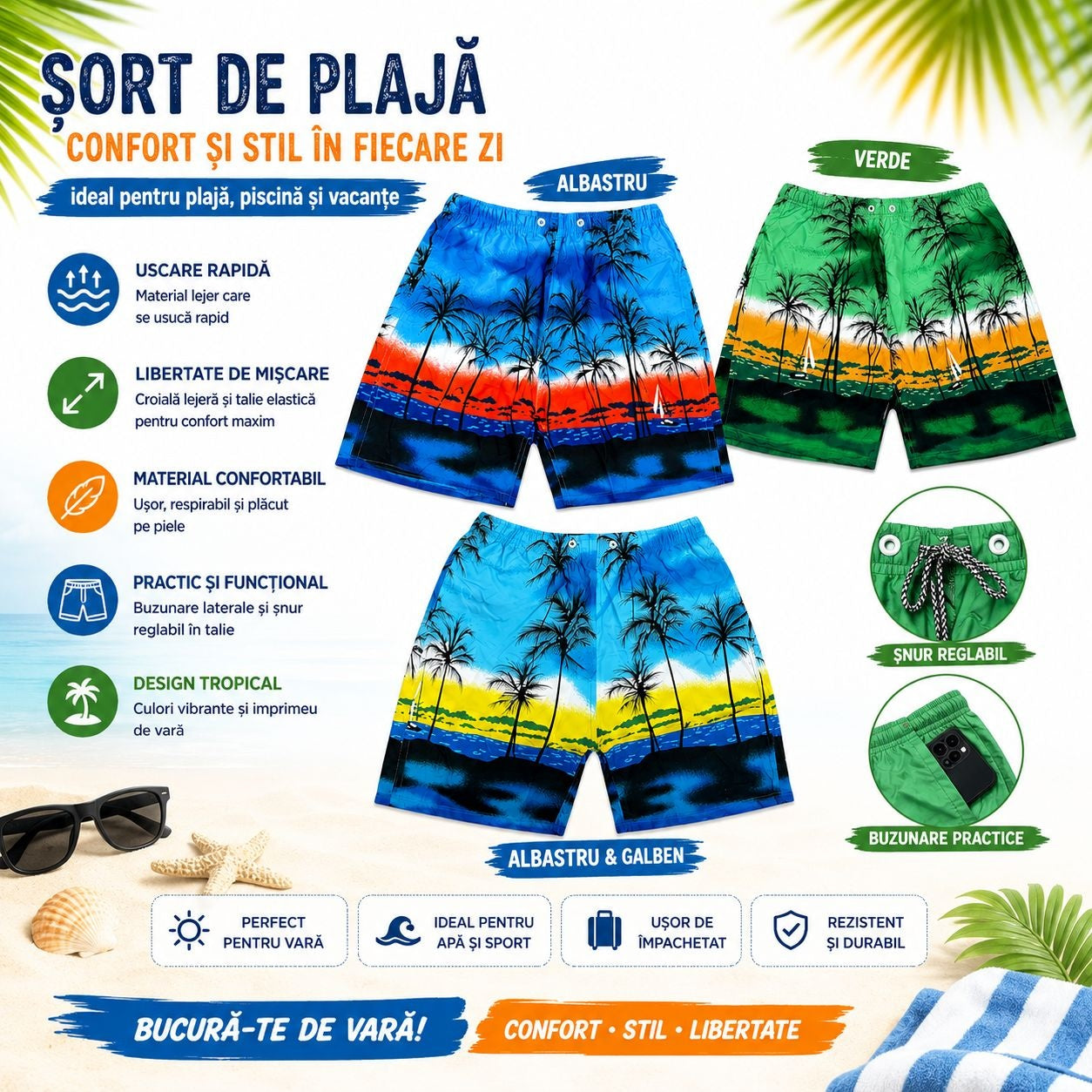 Set 12 Sorturi de Baie Bărbați Tropicale – Culori și Mărimi Asortate, Uscare Rapidă, Model Palmieri