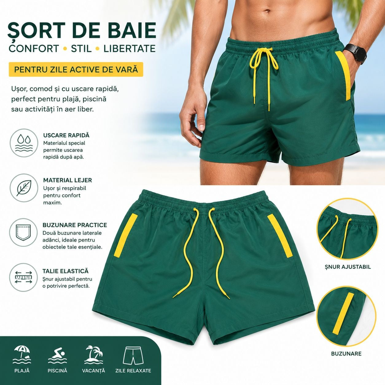 Set 12 Sorturi de Baie Bărbați Verde Închis cu Detalii Galbene – Mărimi Asortate Incluse