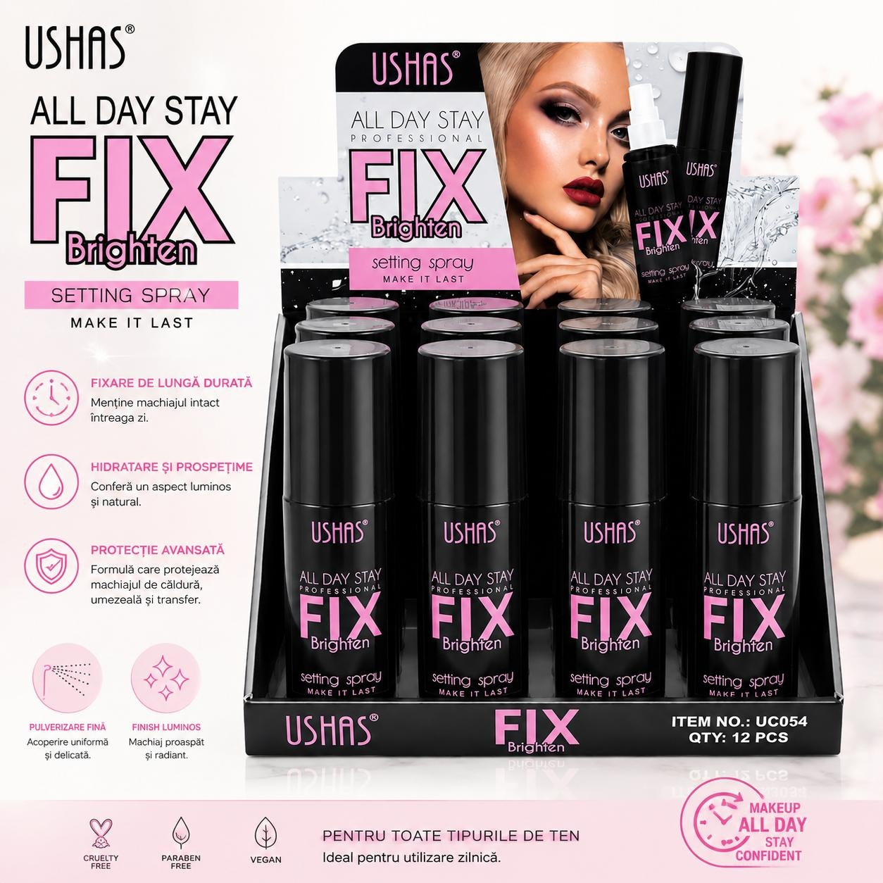 Set 12 Spray de Fixare a Machiajului USHAS Fix Brighten – Efect Luminos și Rezistență Îndelungată