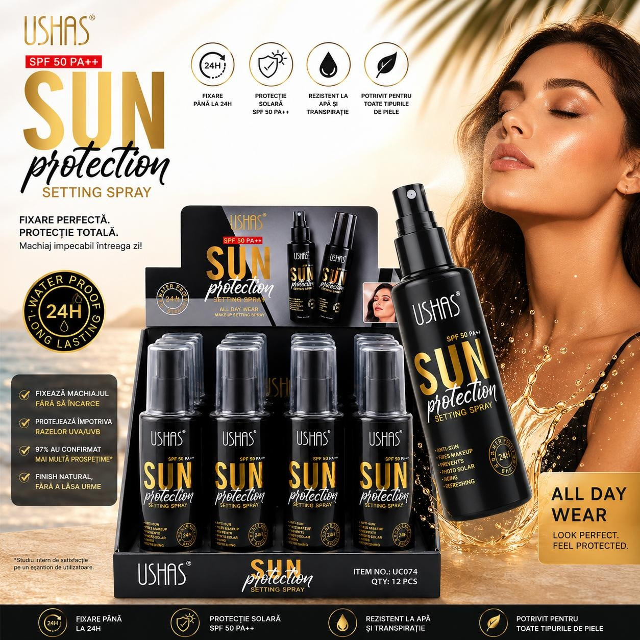 Set 12 Spray de Fixare a Machiajului USHAS SPF 50 PA++ , Setting Spray cu Protecție Solară