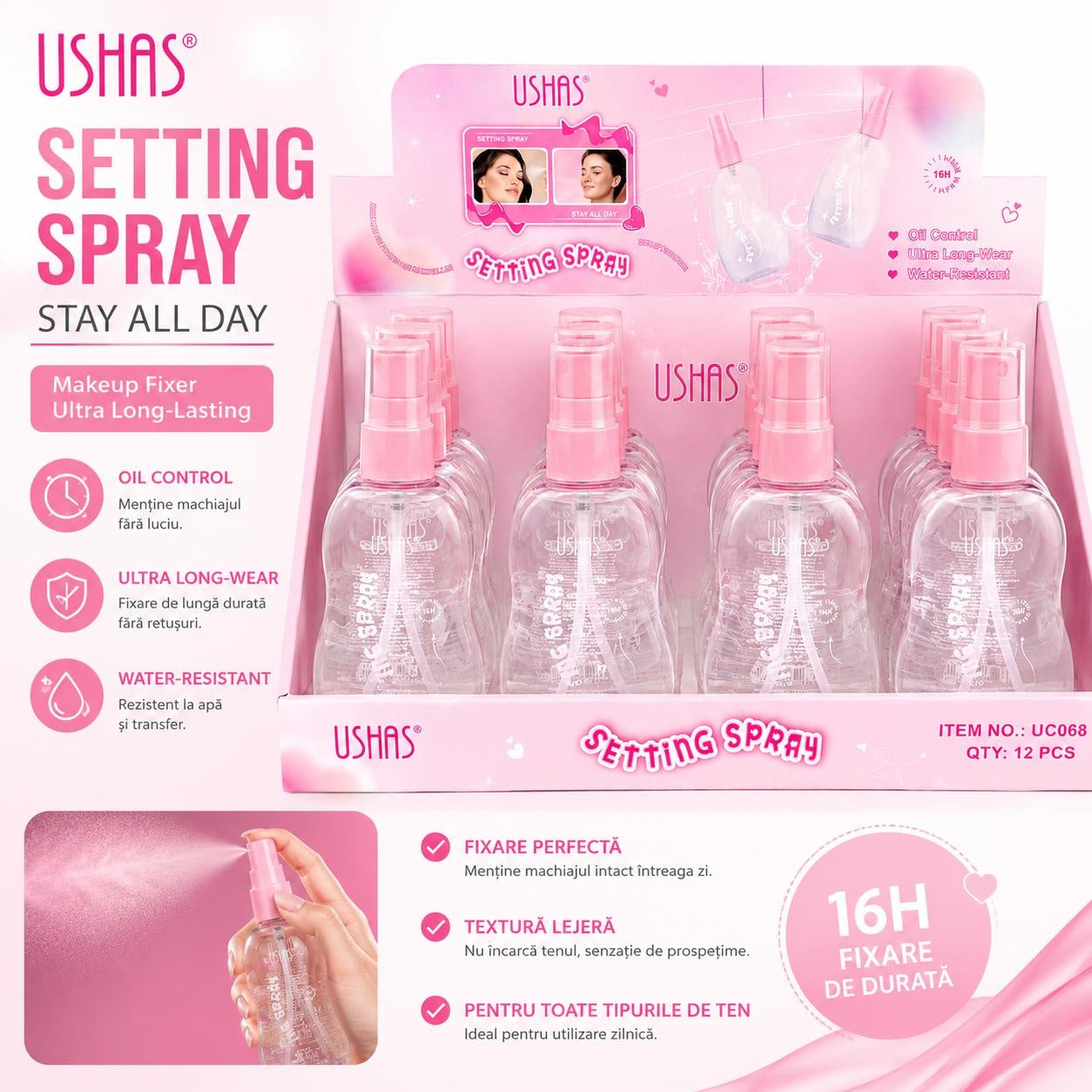 Set 12 Spray de Fixare a Machiajului USHAS Stay All Day – Fixare de Lungă Durată și Efect Fresh