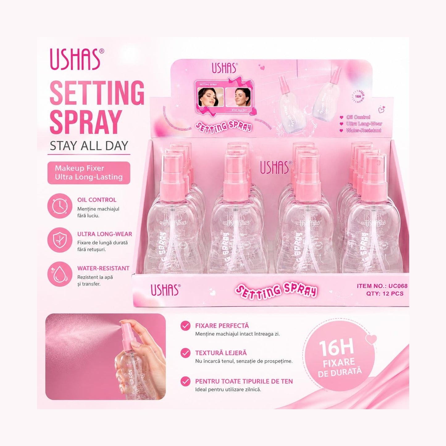 Set 12 Spray de Fixare a Machiajului USHAS Stay All Day – Fixare de Lungă Durată și Efect Fresh