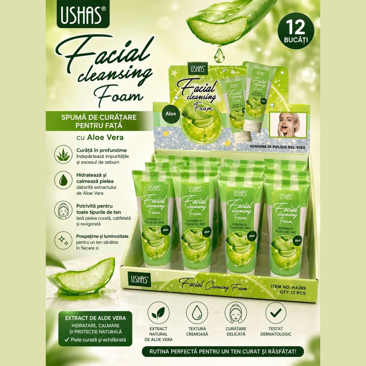 Set 12 Spuma de Curățare pentru Față USHAS Aloe Vera – Curățare Delicată, Hidratare și Calmarea Tenului
