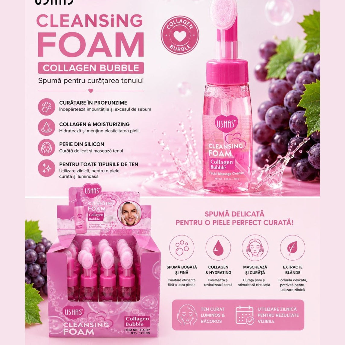 Set 12 Spuma de Curățare pentru Ten Ushas Collagen Bubble 240g – Cu Extract de Struguri