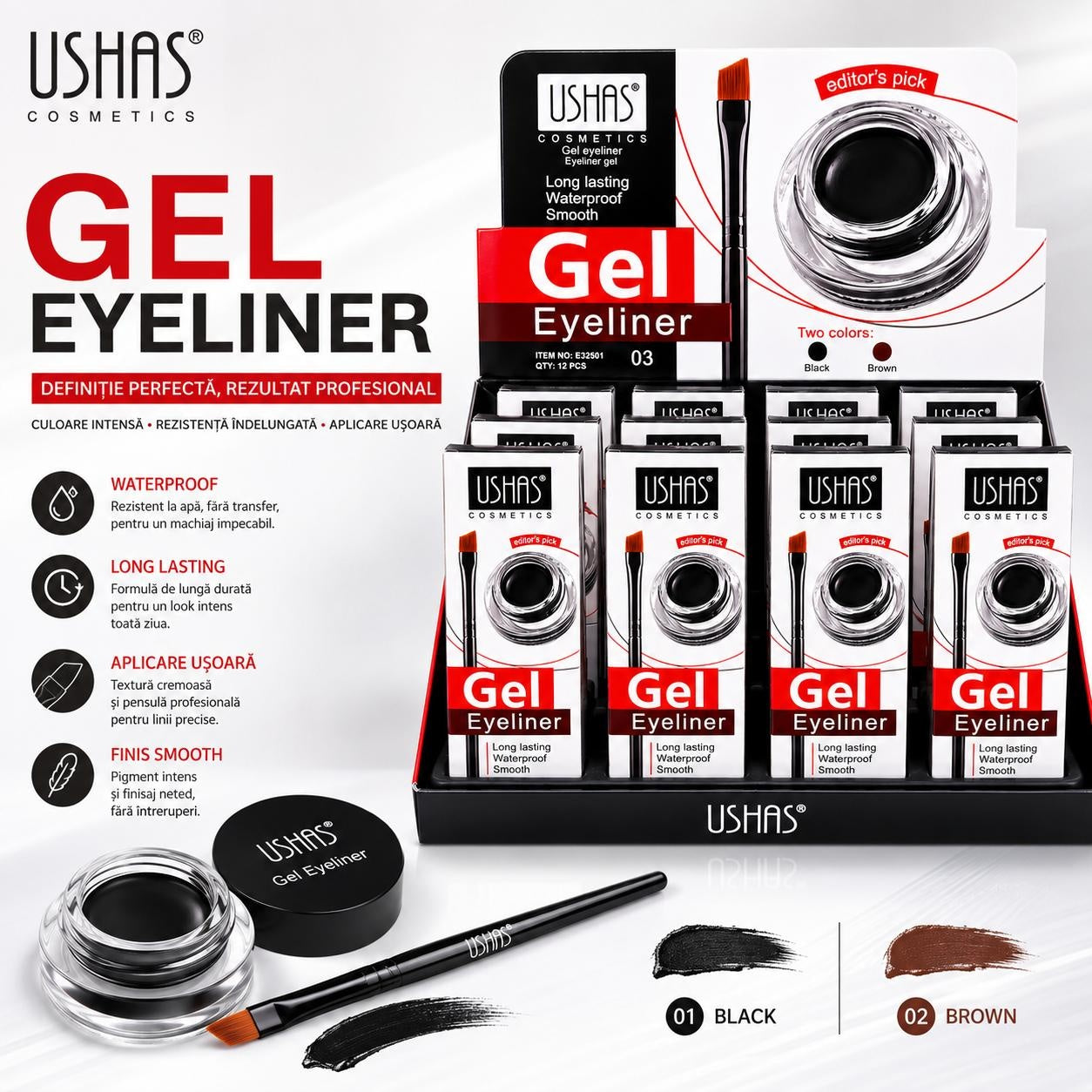 Set 12 Tus de Ochi Gel USHAS cu Pensulă Aplicatoare – Waterproof, Long Lasting, Negru și Maro