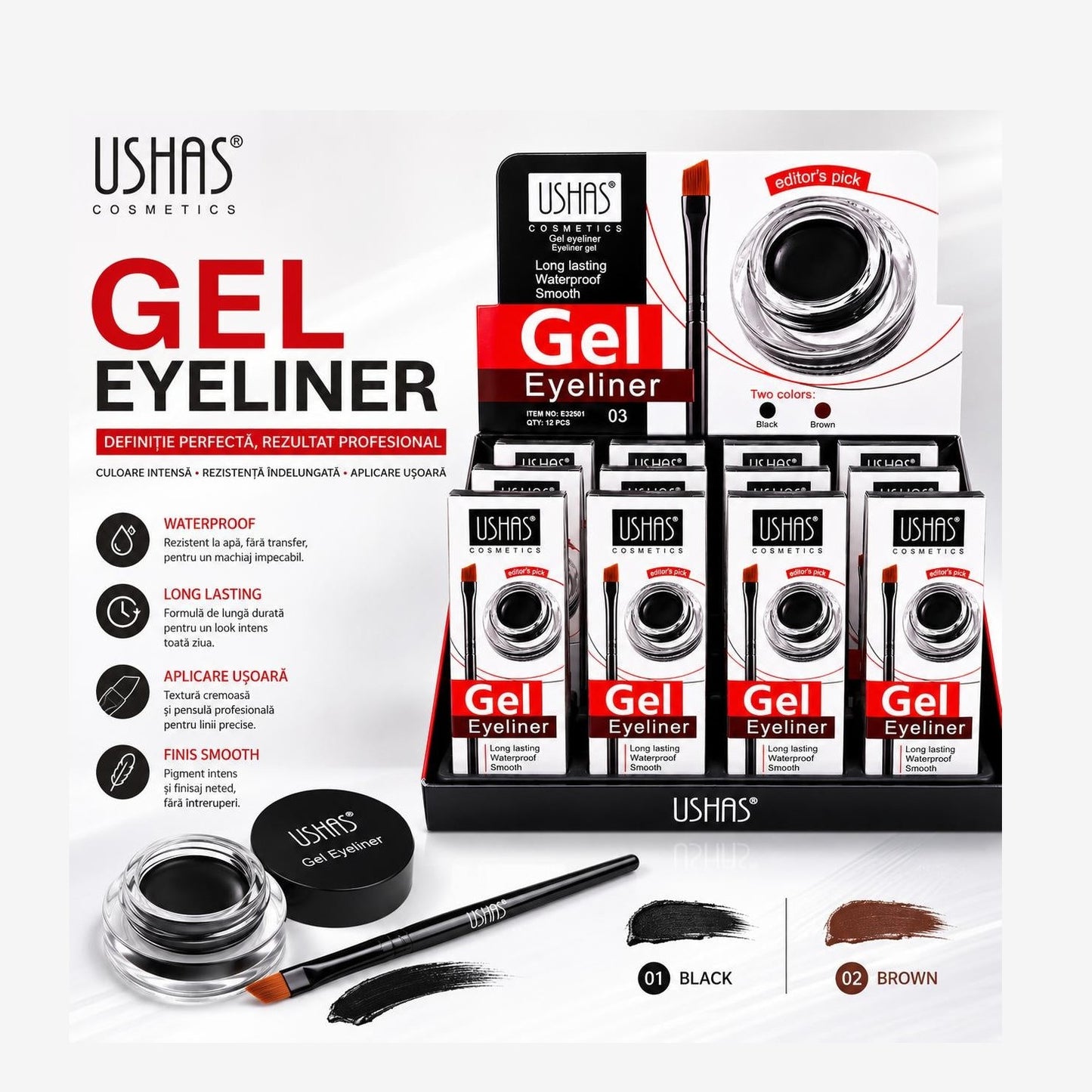 Set 12 Tus de Ochi Gel USHAS cu Pensulă Aplicatoare – Waterproof, Long Lasting, Negru și Maro