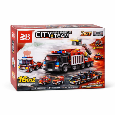Set 16 jocuri constructie vehicule pompieri interconectabile, modele multiple, copii