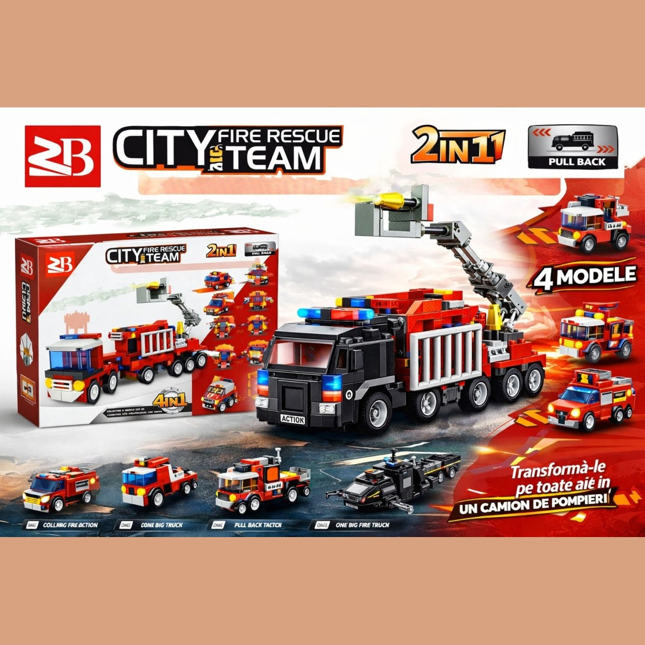 Set 16 jocuri constructie vehicule pompieri interconectabile, modele multiple, copii