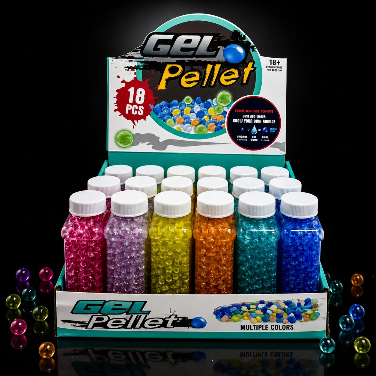 Set 18 recipiente bile gel pentru arme de jucarie, culori multiple, expandabile in apa