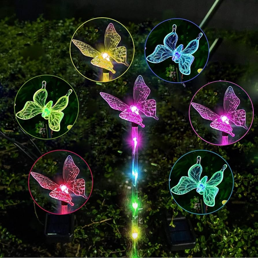 Set 2 Lămpi solare de grădină LED, multicolore, model cu fluturi , 33x6 cm, plastic