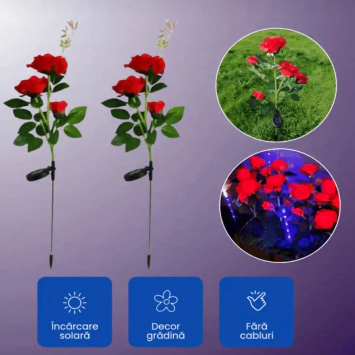 Set 2 Lămpi Solare Decorative de Grădină, Flori de Plastic cu LED, Roșu, Rezistente la Apă
