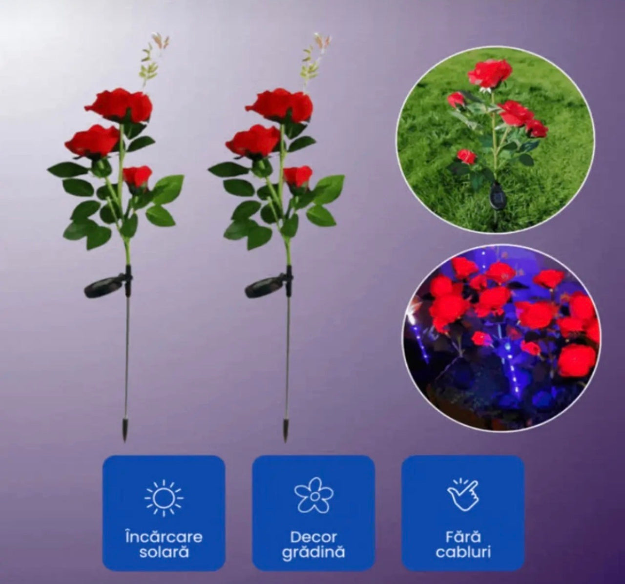 Set 2 Lămpi Solare Decorative de Grădină, Flori de Plastic cu LED, Roșu, Rezistente la Apă