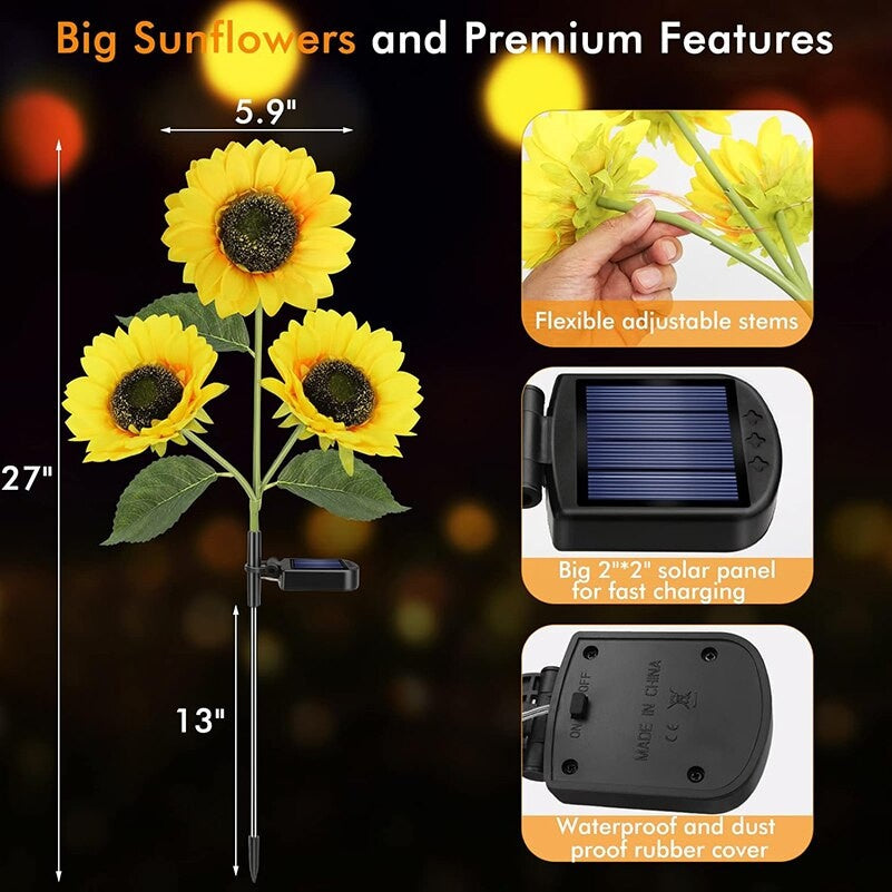 Set 2 Lumini Solare de Grădină LED cu Floarea-soarelui, Tulpini Ajustabile, 68x15 cm, Galben