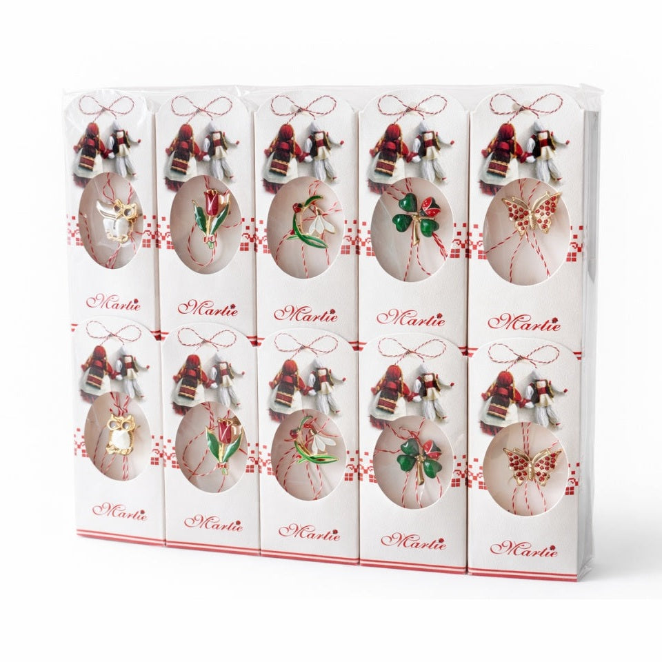 Set 20 Martisoare cu Snur Traditional si Element Decorativ Metalic, Ambalate Individual 14x1x5 cm