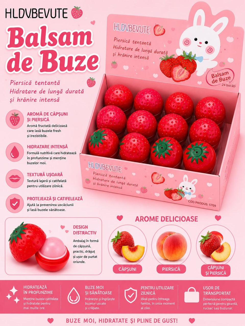 Set 24 Balsam de Buze cu Aromă de Piersică – Hidratare Intensă, Nutriție și Protecție pentru Buze