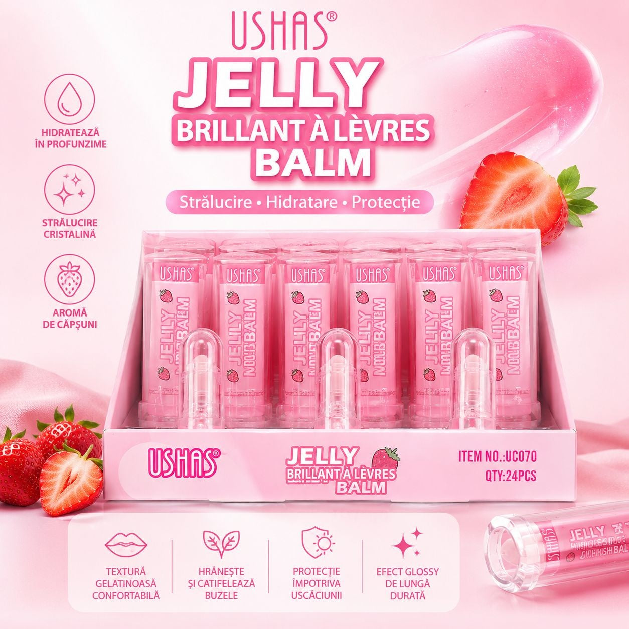 Set 24 Balsamuri de Buze USHAS Jelly Lip Balm cu Aromă de Căpșuni – Hidratare